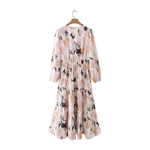 Hot Sale Women Elegant Print Tiered Ruffle Midi Dress Female V Neck Lantern Sleeve Clothes Leisure Lady Loose Vestido D8095